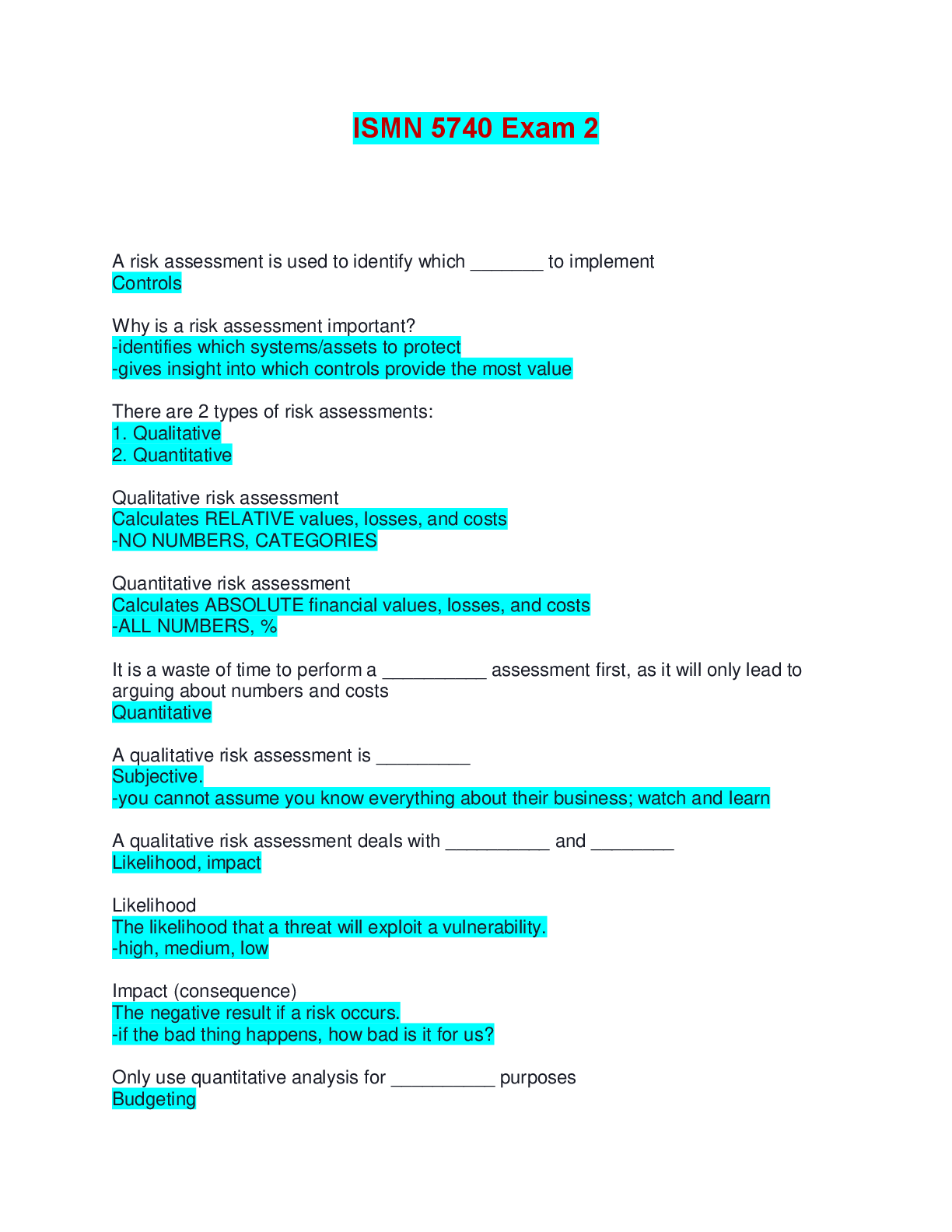 Preview image for ISMN 5740 Exam 2 | Questions and Answers (Complete Solutions)