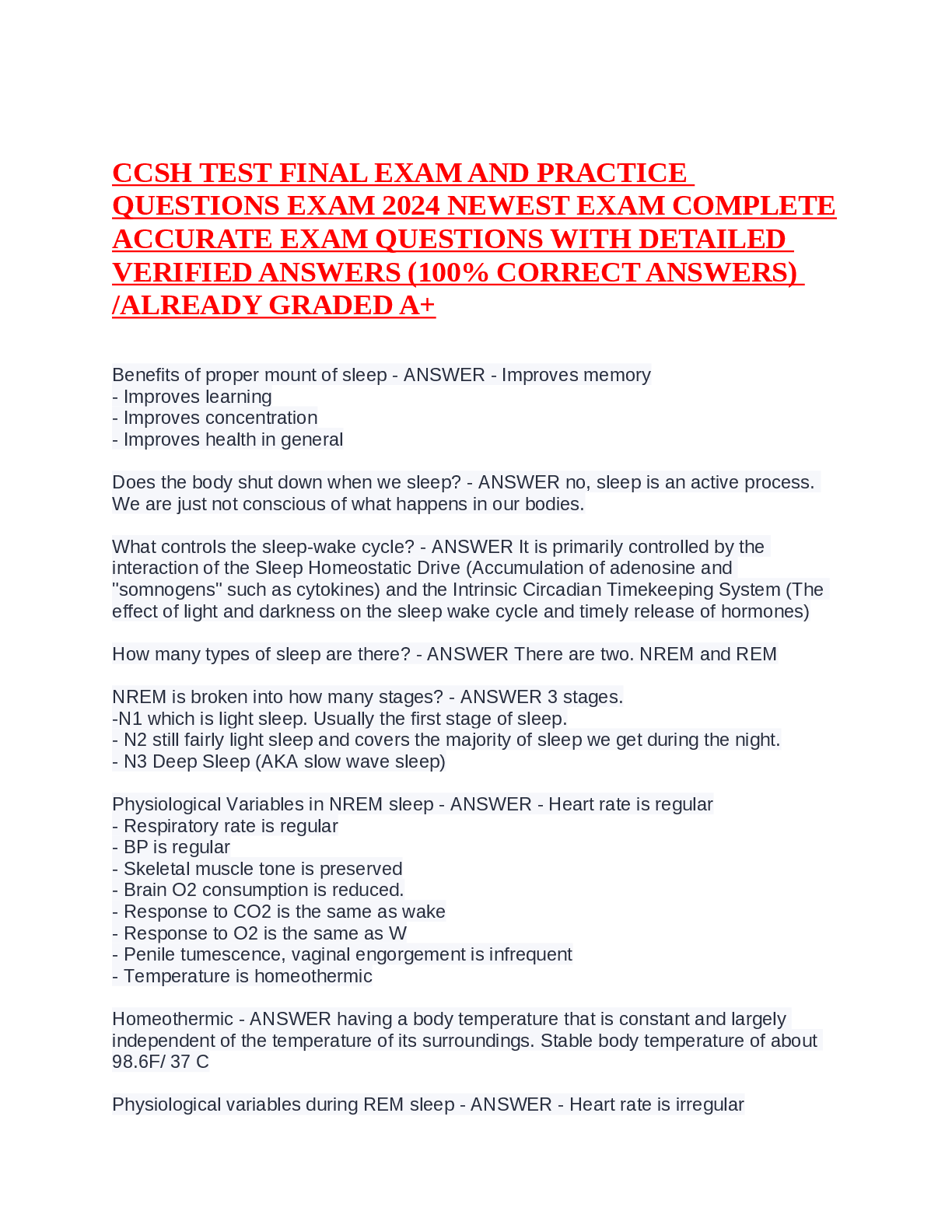 Preview image for CCSH TEST FINAL EXAM AND PRACTICE  QUESTIONS EXAM 2024 NEWEST EXAM COMPLETE  ACCURATE EXAM QUESTIONS WITH DETAILED  VERIFIED ANSWERS (100% CORRECT ANSWERS)  /ALREADY GRADED A+