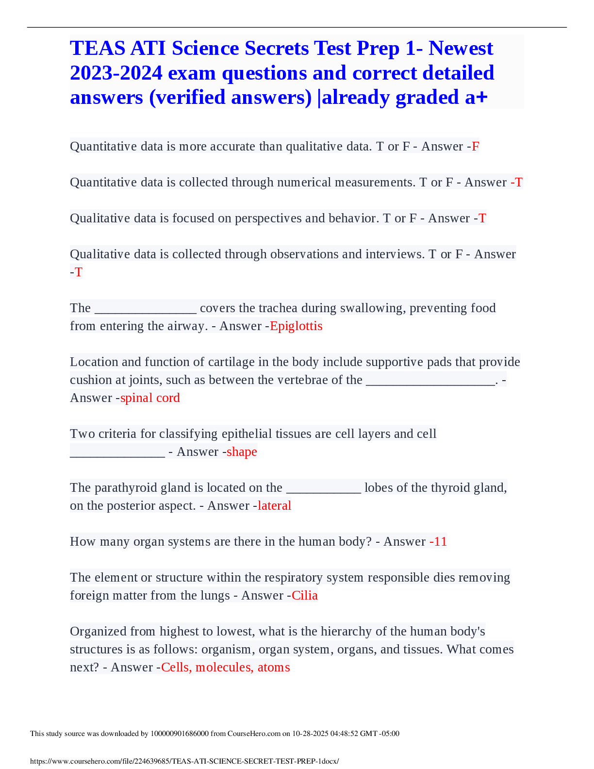 Preview image for TEAS ATI Science Secrets Test Prep 1- Newest  2023-2024 exam questions and correct detailed  answers (verified answers) |already graded a+