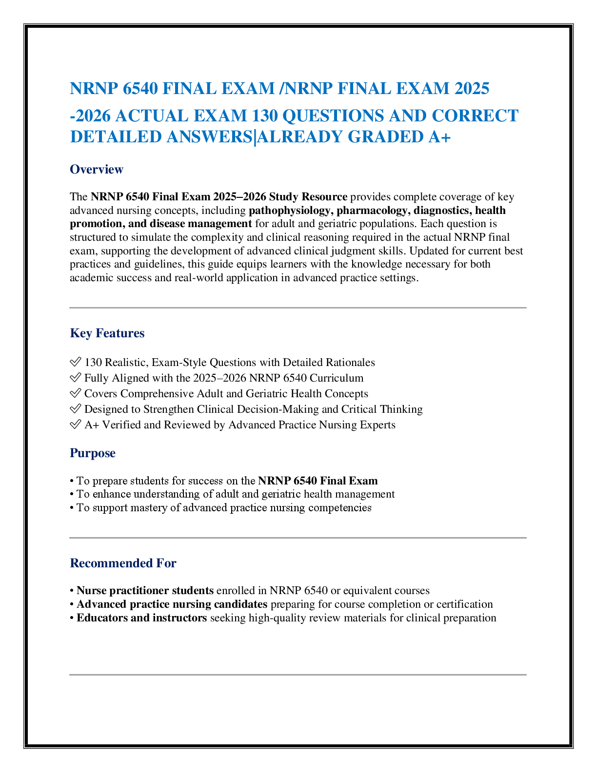 Recommended document preview for NRNP 6540 FINAL EXAM /NRNP FINAL EXAM 2025 -2026 ACTUAL EXAM 130 QUESTIONS AND CORRECT DETAILED ANSWERS|ALREADY GRADED A+
