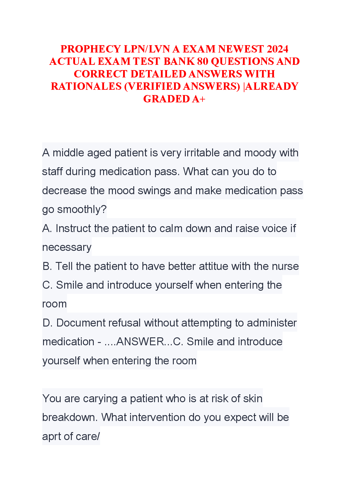 Preview image for PROPHECY LPN/LVN A EXAM NEWEST 2024  ACTUAL EXAM TEST BANK 80 QUESTIONS AND  CORRECT DETAILED ANSWERS WITH  RATIONALES (VERIFIED ANSWERS) |ALREADY  GRADED A+