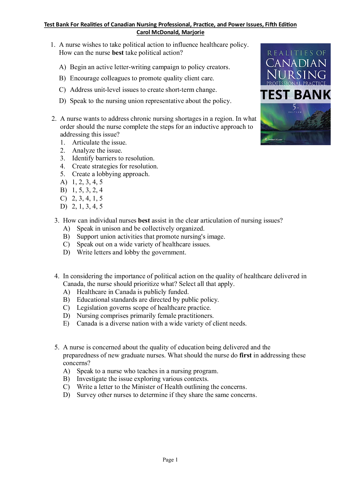 Preview image for Test Bank For Realities of Canadian Nursing Professional, Practice, and Power Issues, Fifth Edition Carol McDonald, Marjorie