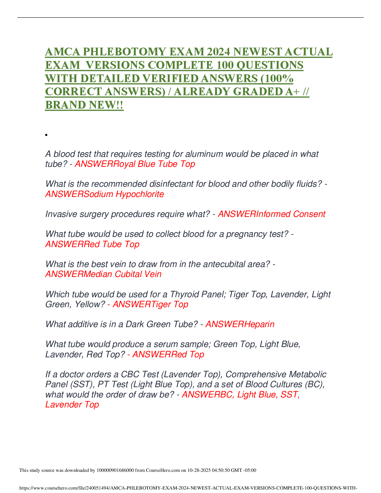 Preview image for AMCA PHLEBOTOMY EXAM 2024 NEWEST ACTUAL  EXAM  VERSIONS COMPLETE 100 QUESTIONS  WITH DETAILED VERIFIED ANSWERS (100%  CORRECT ANSWERS) / ALREADY GRADED A+ //  BRAND NEW!!