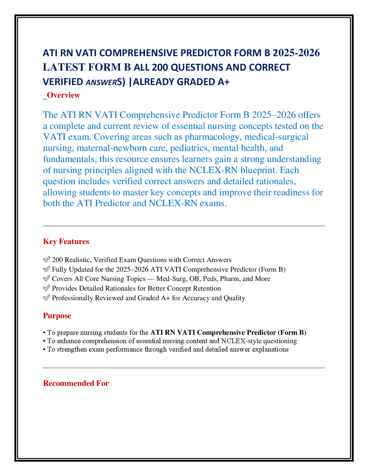 Recommended document preview for ATI RN VATI COMPREHENSIVE PREDICTOR FORM B 2025-2026   LATEST FORM B ALL 200 QUESTIONS AND CORRECT VERIFIED ANSWERS) |ALREADY GRADED A+