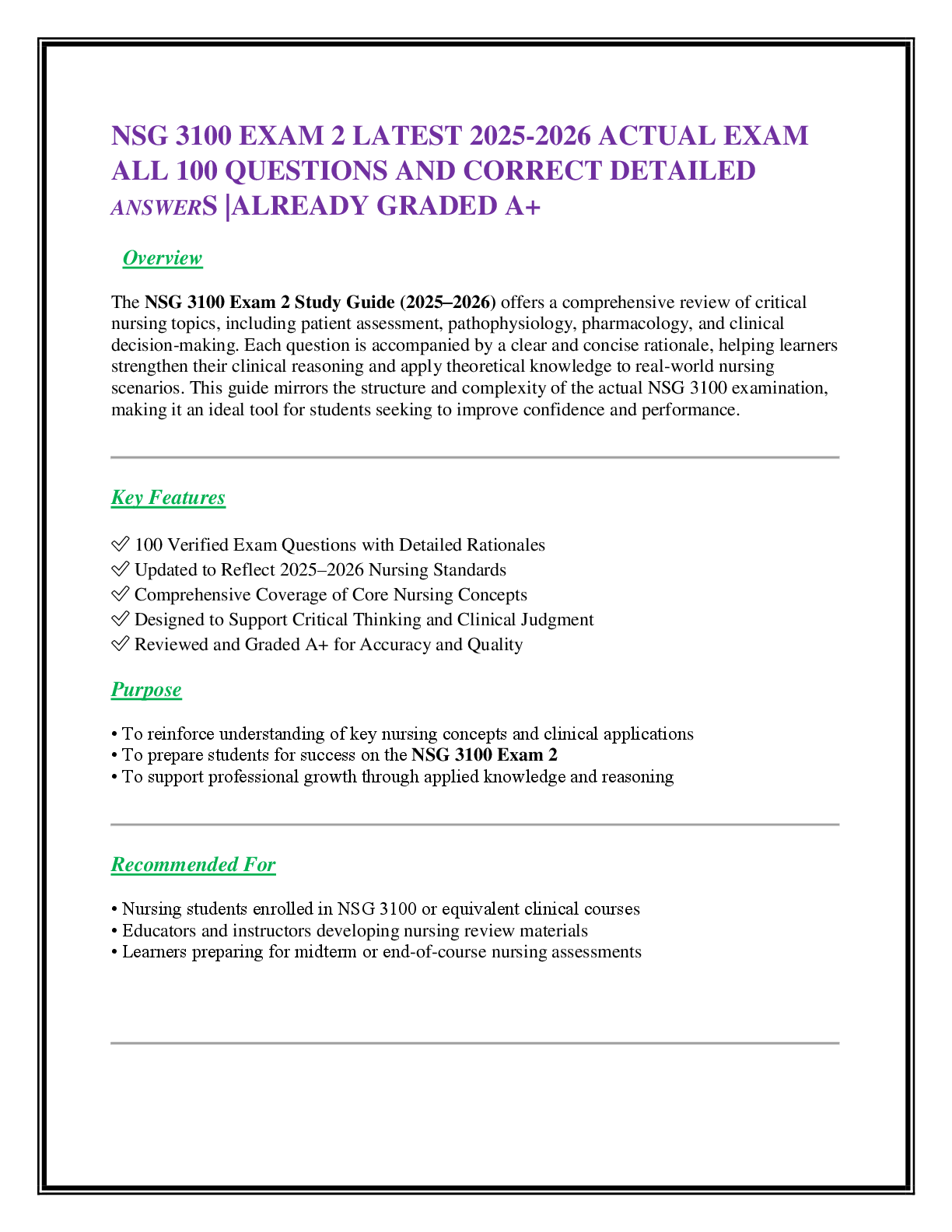 Recommended document preview for NSG 3100 EXAM 2 LATEST 2025-2026 ACTUAL EXAM   ALL 100 QUESTIONS AND CORRECT DETAILED  ANSWERS |ALREADY GRADED A+