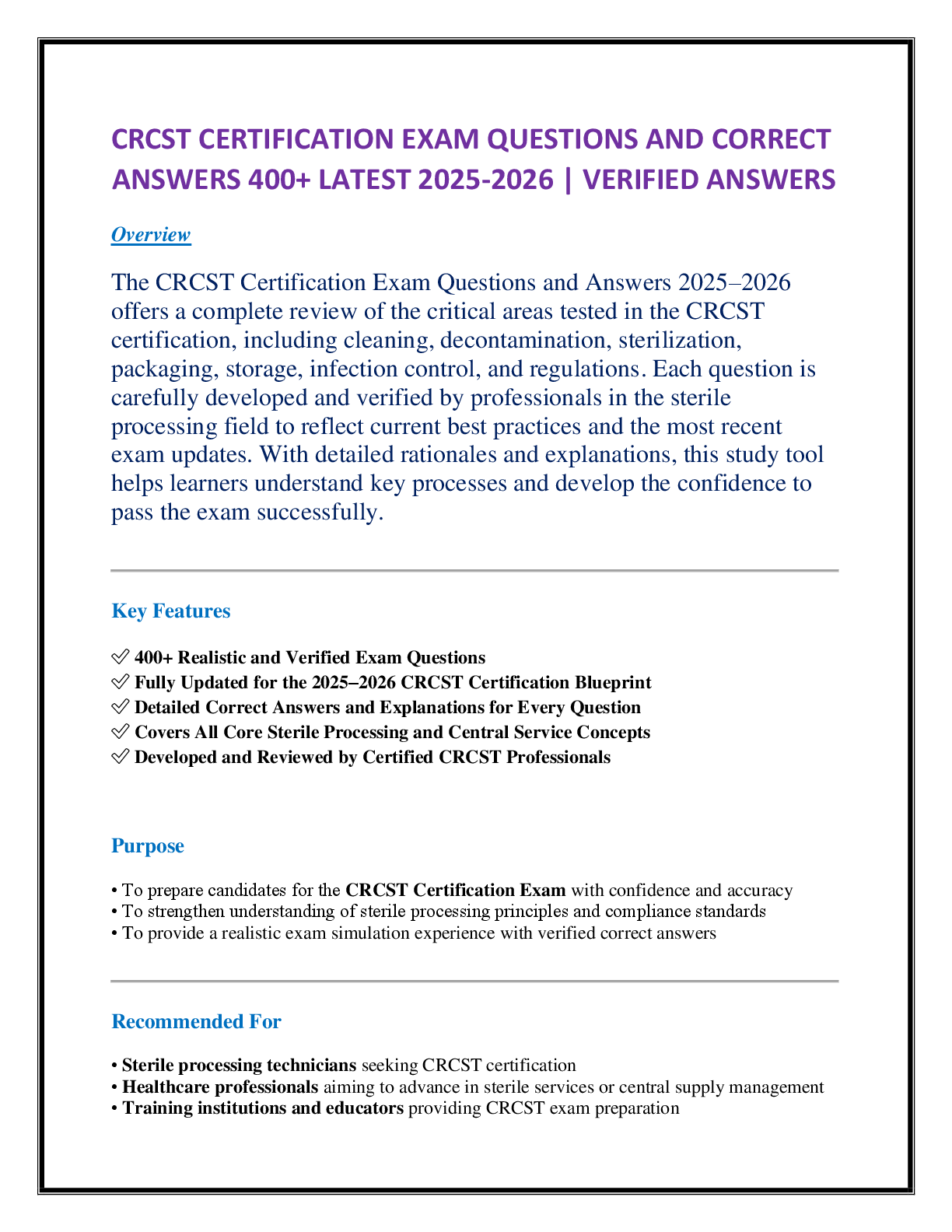 CRCST CERTIFICATION EXAM QUESTIONS AND CORRECT ANSWERS 400+ LATEST 2025-2026 | VERIFIED ANSWERS