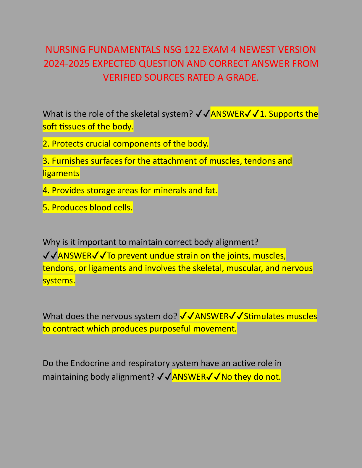 Preview image for NURSING FUNDAMENTALS NSG 122 EXAM 4 NEWEST VERSION  2024-2025 EXPECTED QUESTION AND CORRECT ANSWER FROM  VERIFIED SOURCES RATED A GRADE.