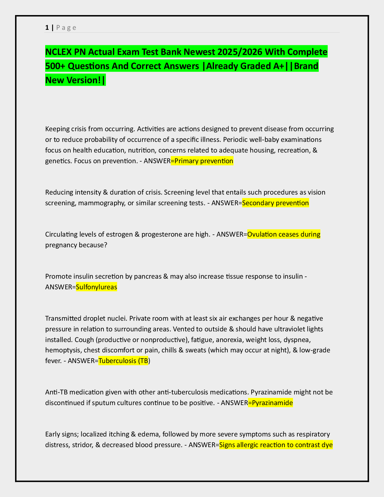 Preview image for NCLEX PN Actual Exam Test Bank Newest 2025/2026 With Complete 500+ Questions And Correct Answers |Already Graded A+||Brand New Version!|