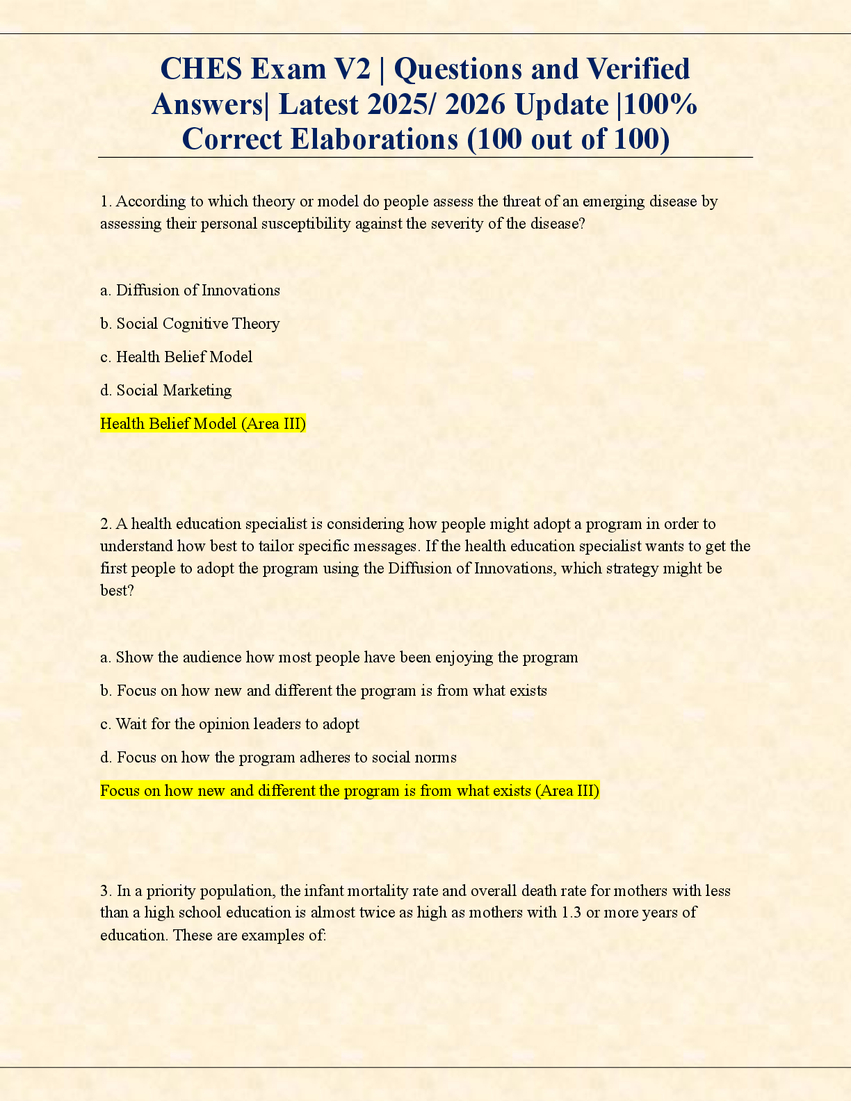 Preview image for CHES Exam V2 | Questions and Verified  Answers| Latest 2025/ 2026 Update |100%  Correct Elaborations (100 out of 100)