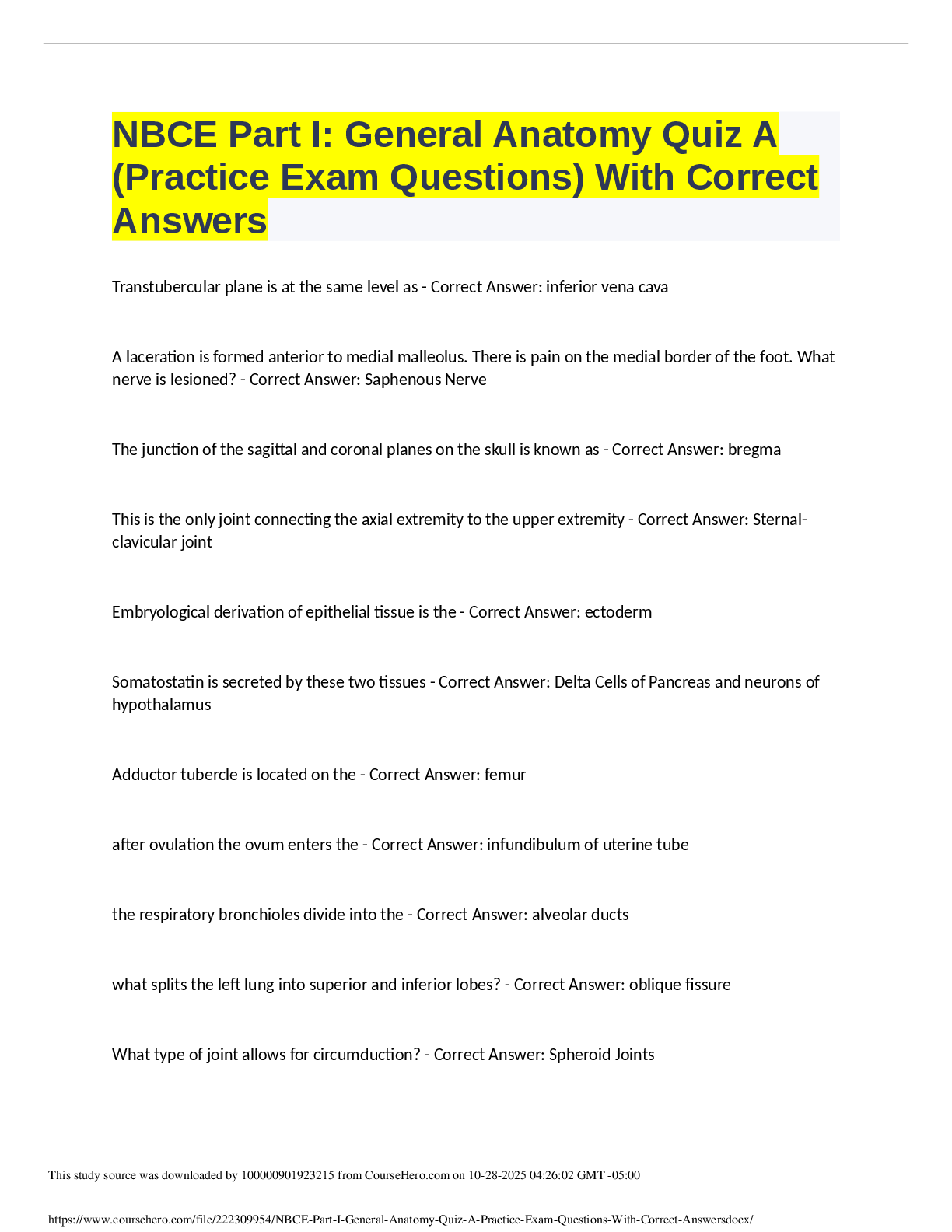 Preview image for NBCE Part I: General Anatomy Quiz A  (Practice Exam Questions) With Correct  Answers