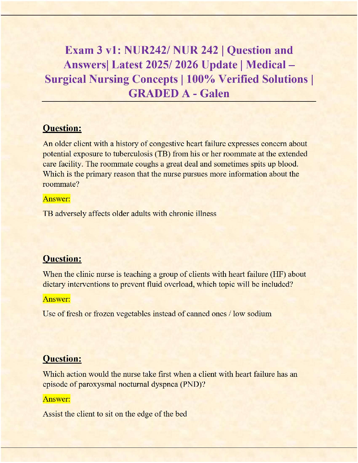 NUR 242 Exam 3 (Version 1) – Verified Questions & Answers with Solutions (Galen College of Nursing, 2025/2026 Update)