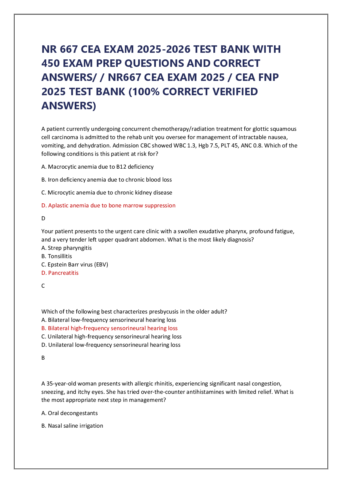 Recommended document preview for NR 667 CEA EXAM 2025-2026 TEST BANK WITH 450 EXAM PREP QUESTIONS AND CORRECT ANSWERS/ / NR667 CEA EXAM 2025 / CEA FNP 2025 TEST BANK (100% CORRECT VERIFIED ANSWERS)