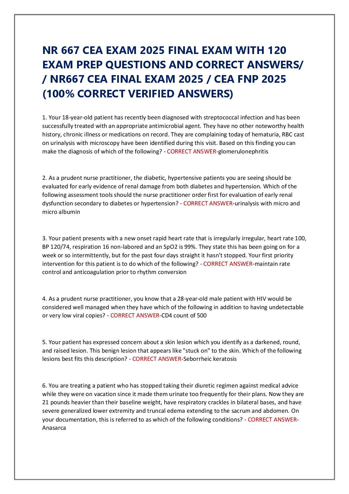 Recommended document preview for NR 667 CEA EXAM 2025 FINAL EXAM WITH 120 EXAM PREP QUESTIONS AND CORRECT ANSWERS/ / NR667 CEA FINAL EXAM 2025 / CEA FNP 2025 (100% CORRECT VERIFIED ANSWERS)