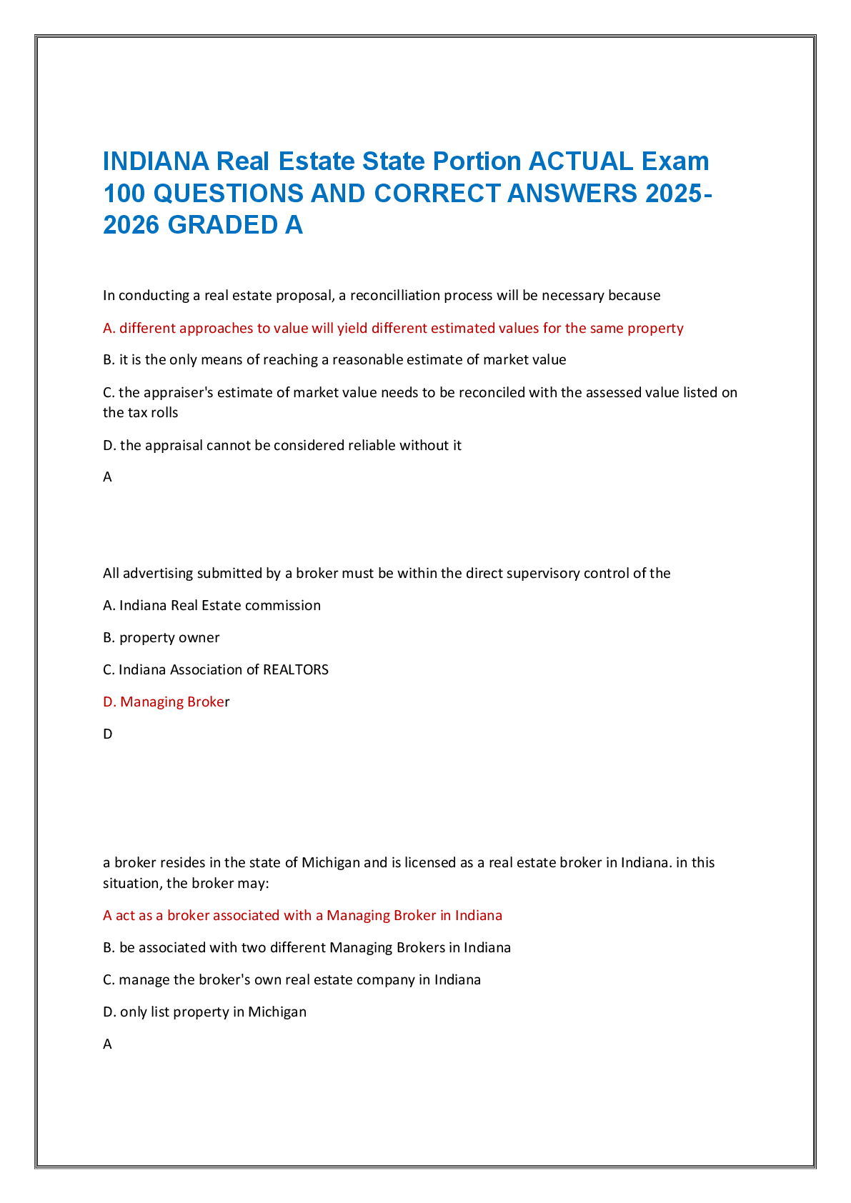 Preview of INDIANA Real Estate State Portion ACTUAL Exam 100 QUESTIONS AND CORRECT ANSWERS 2025-2026