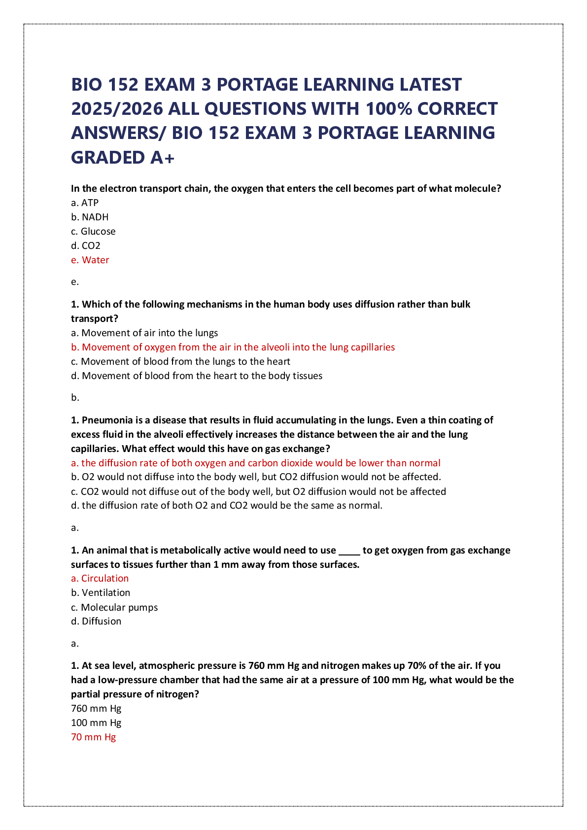 BIO 152 EXAM 3 PORTAGE LEARNING LATEST 2025/2026 ALL QUESTIONS WITH 100% CORRECT ANSWERS/ BIO 152 EXAM 3 PORTAGE LEARNING  GRADED A+
