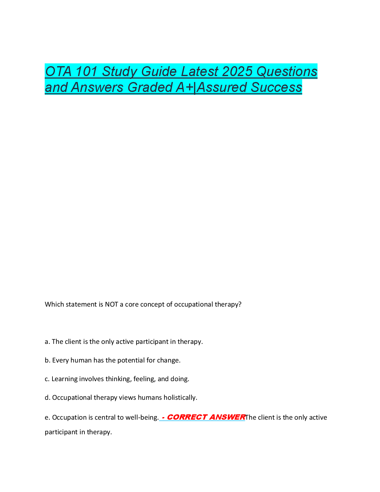 Preview of OTA 101 Study Guide Latest 2025 Questions  and Answers Graded A+|Assured Success
