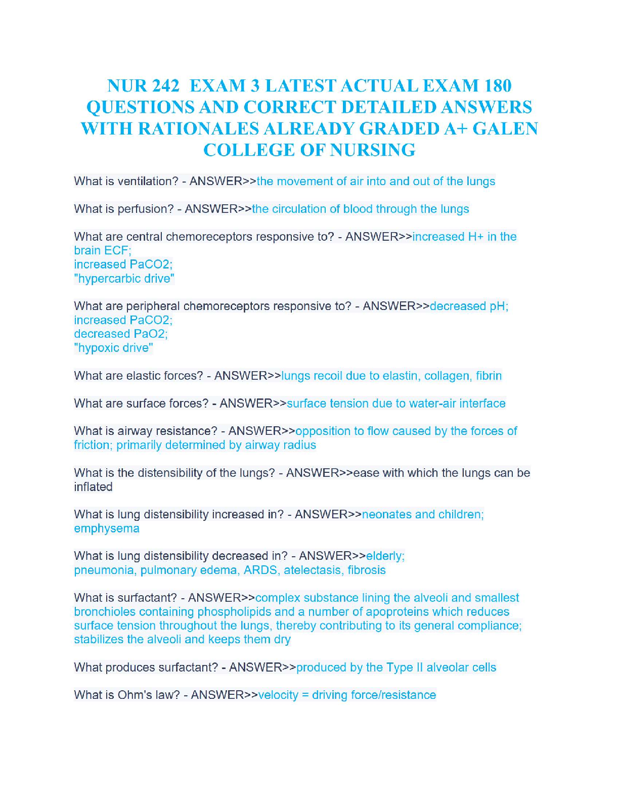 NUR 242 Exam 3 – 180 Actual Questions with Correct Answers & Rationales (Galen College of Nursing, 2025 Update)
