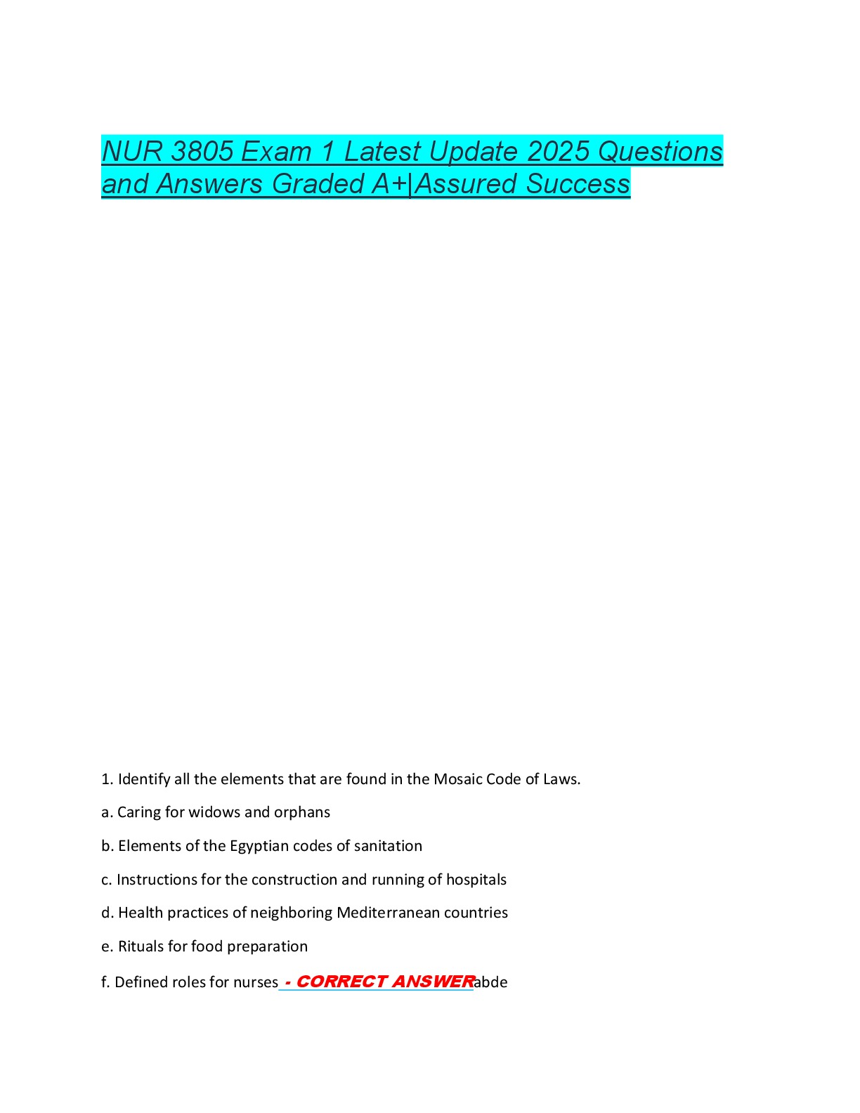 Preview of NUR 3805 Exam 1 Latest Update 2025 Questions  and Answers Graded A+|Assured Success