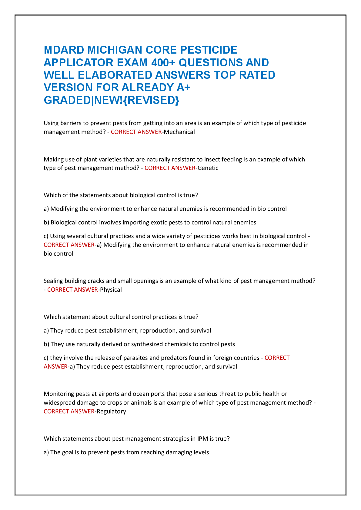 Preview of MDARD MICHIGAN CORE PESTICIDE APPLICATOR EXAM 400+ QUESTIONS AND WELL ELABORATED ANSWERS T