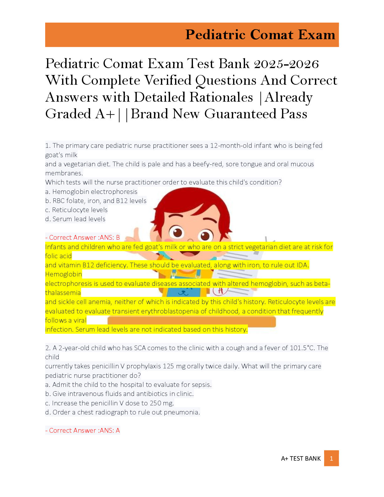 Preview of A+ TEST BANK 1    Pediatric Comat Exam Test Bank 2025-2026  With Complete Verified Questions And Correct  Answers with Detailed Rationales |Already  Graded A+||Brand New Guaranteed Pass