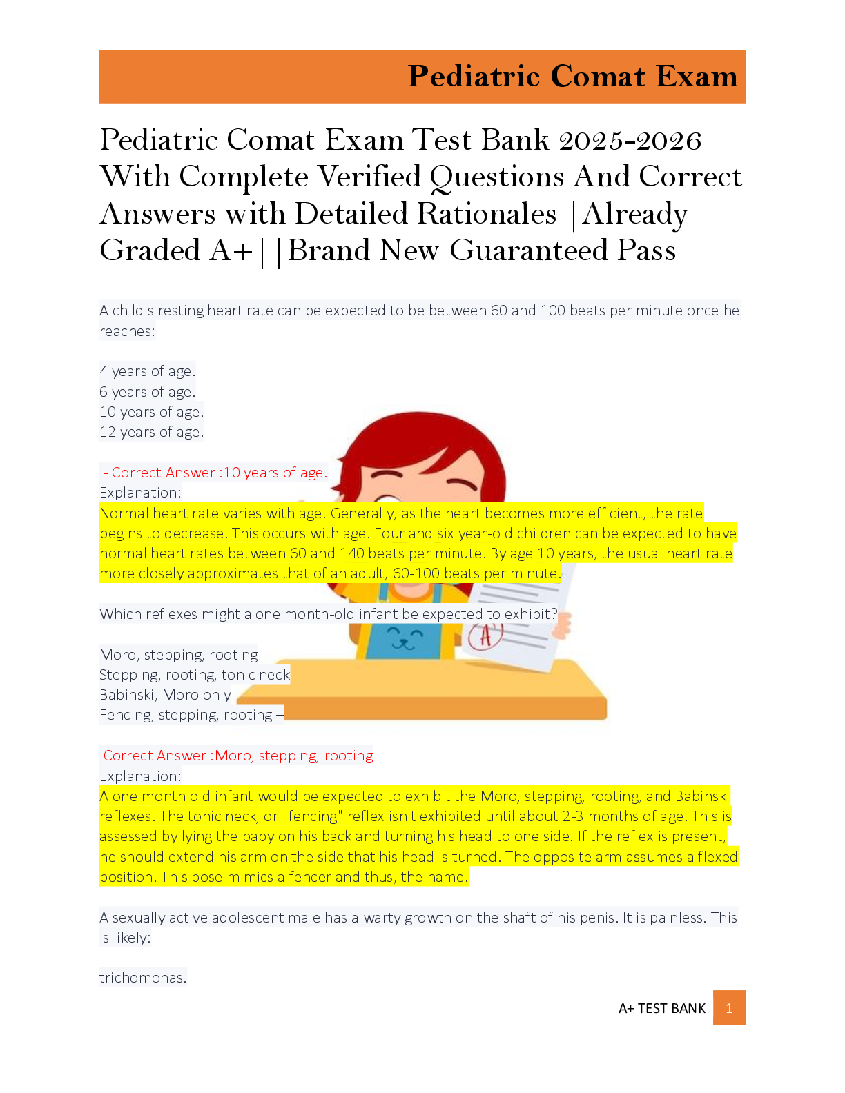 Preview of Pediatric Comat Exam Test Bank 2025-2026  With Complete Verified Questions And Correct  An