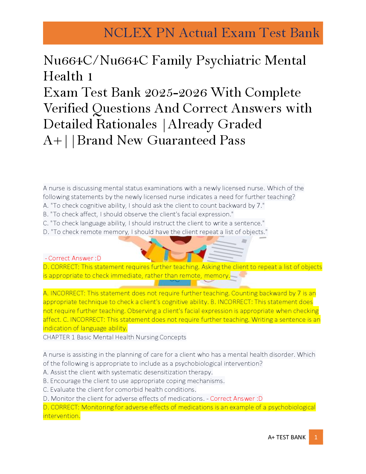 Preview of A+ TEST BANK 1    Nu664C/Nu664C Family Psychiatric Mental  Health 1   Exam Test Bank 2025-