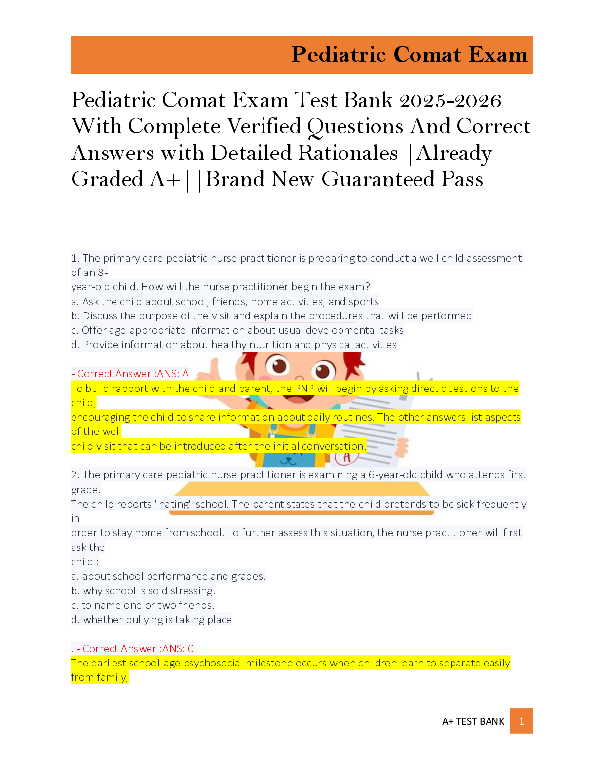 Preview of Pediatric Comat Exam Test Bank 2025-2026  With Complete Verified Questions And Correct  Answers with Detailed Rationales |Already  Graded A+||Brand New Guaranteed Pass