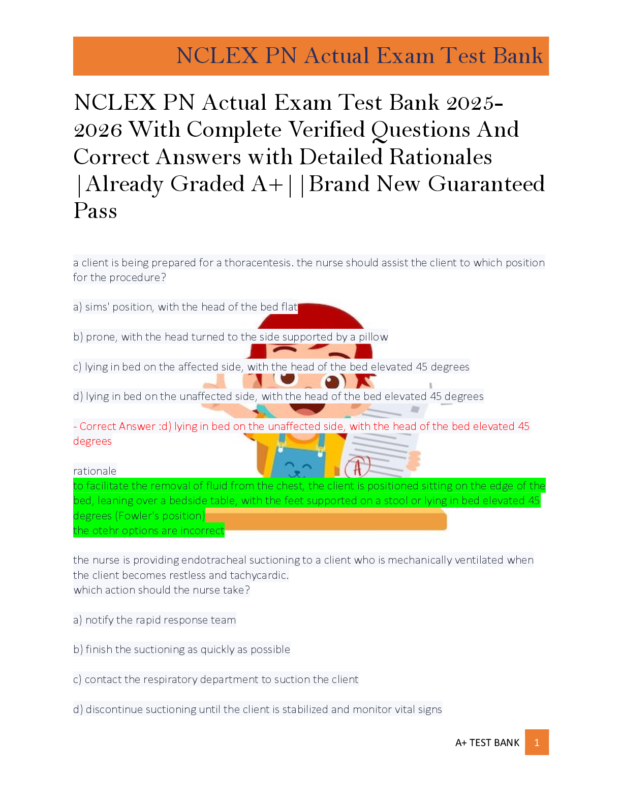 Preview of NCLEX PN Actual Exam Test Bank 2025 2026 With Complete Verified Questions And  Correct Ans