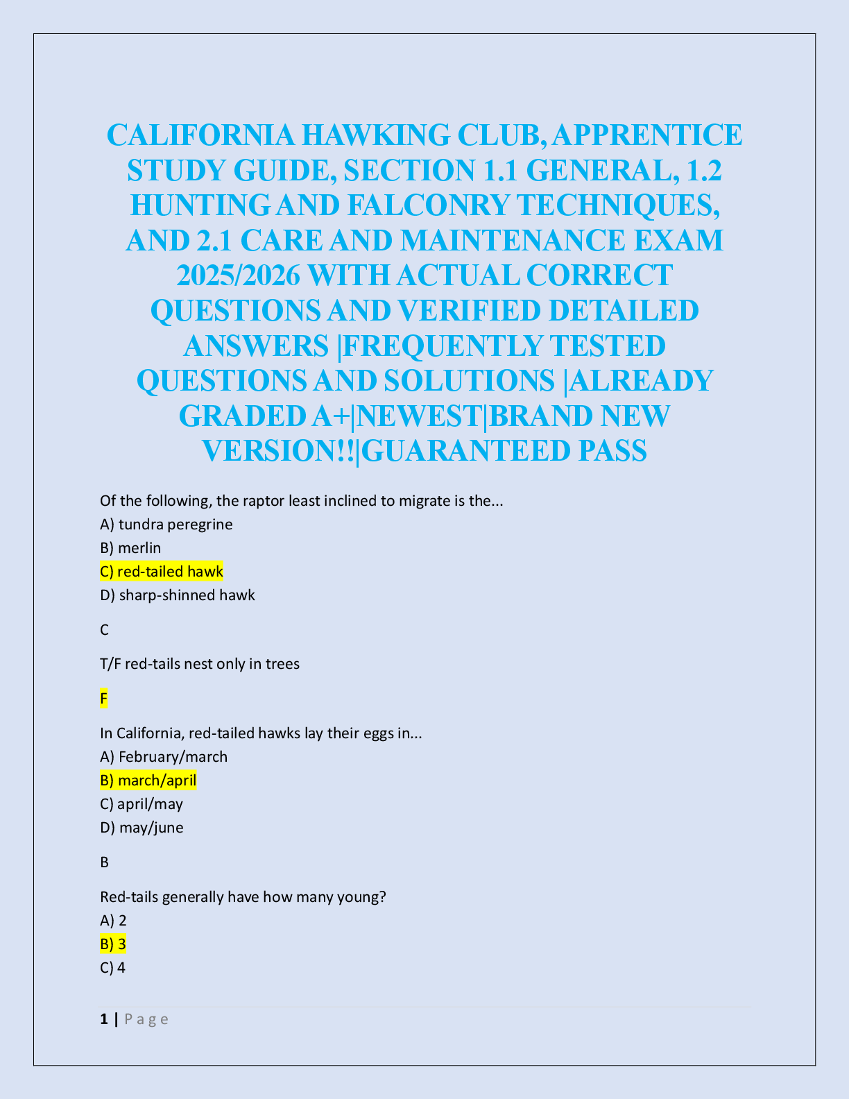 Preview image for CALIFORNIA HAWKING CLUB, APPRENTICE  STUDY GUIDE, SECTION 1.1 GENERAL, 1.2  HUNTING AND FALCONRY TECHNIQUES,  AND 2.1 CARE AND MAINTENANCE EXAM