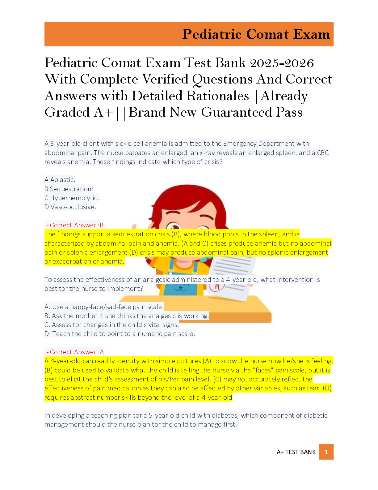 Preview of Pediatric Comat Exam Test Bank 2025-2026  With Complete Verified Questions And Correct  An