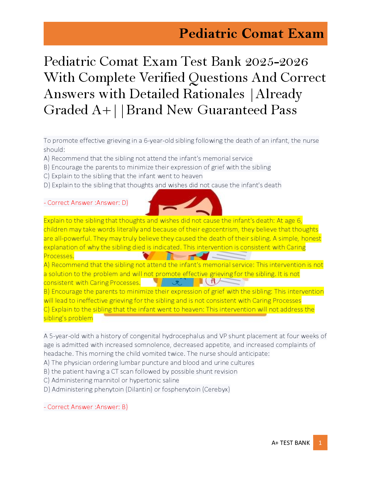 Preview of Pediatric Comat Exam Test Bank 2025-2026  With Complete Verified Questions And Correct  An