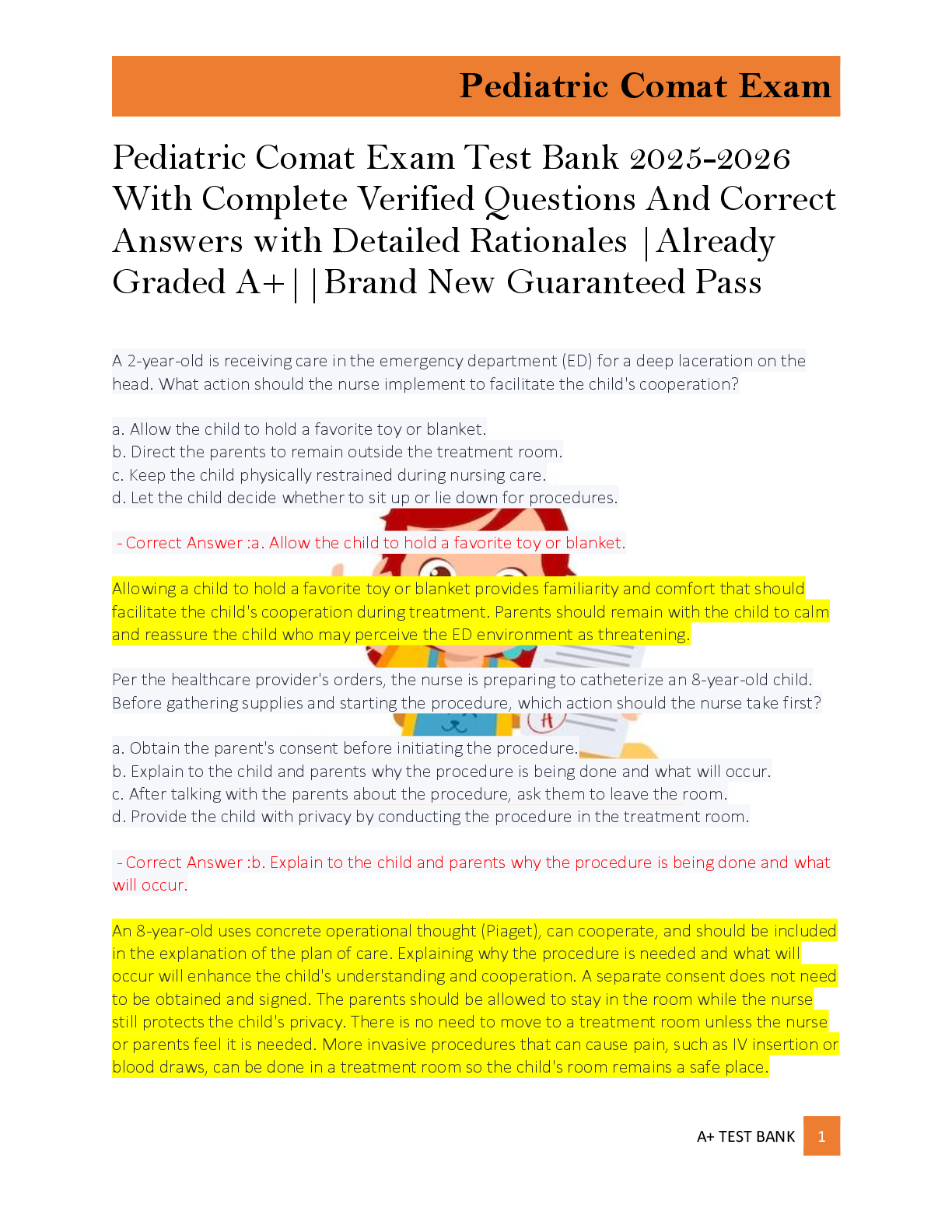 Preview of Pediatric Comat Exam Test Bank 2025-2026  With Complete Verified Questions And Correct  Answers with Detailed Rationales |Already  Graded A+||Brand New Guaranteed Pass