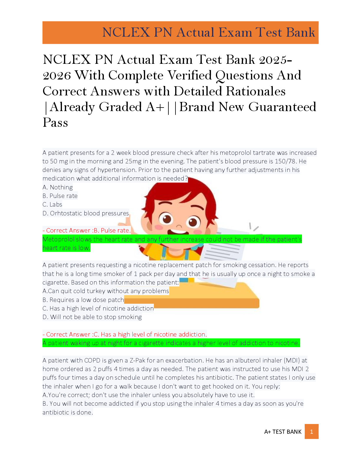Preview of A+ TEST BANK 1    NCLEX PN Actual Exam Test Bank 2025 2026 With Complete Verified Question