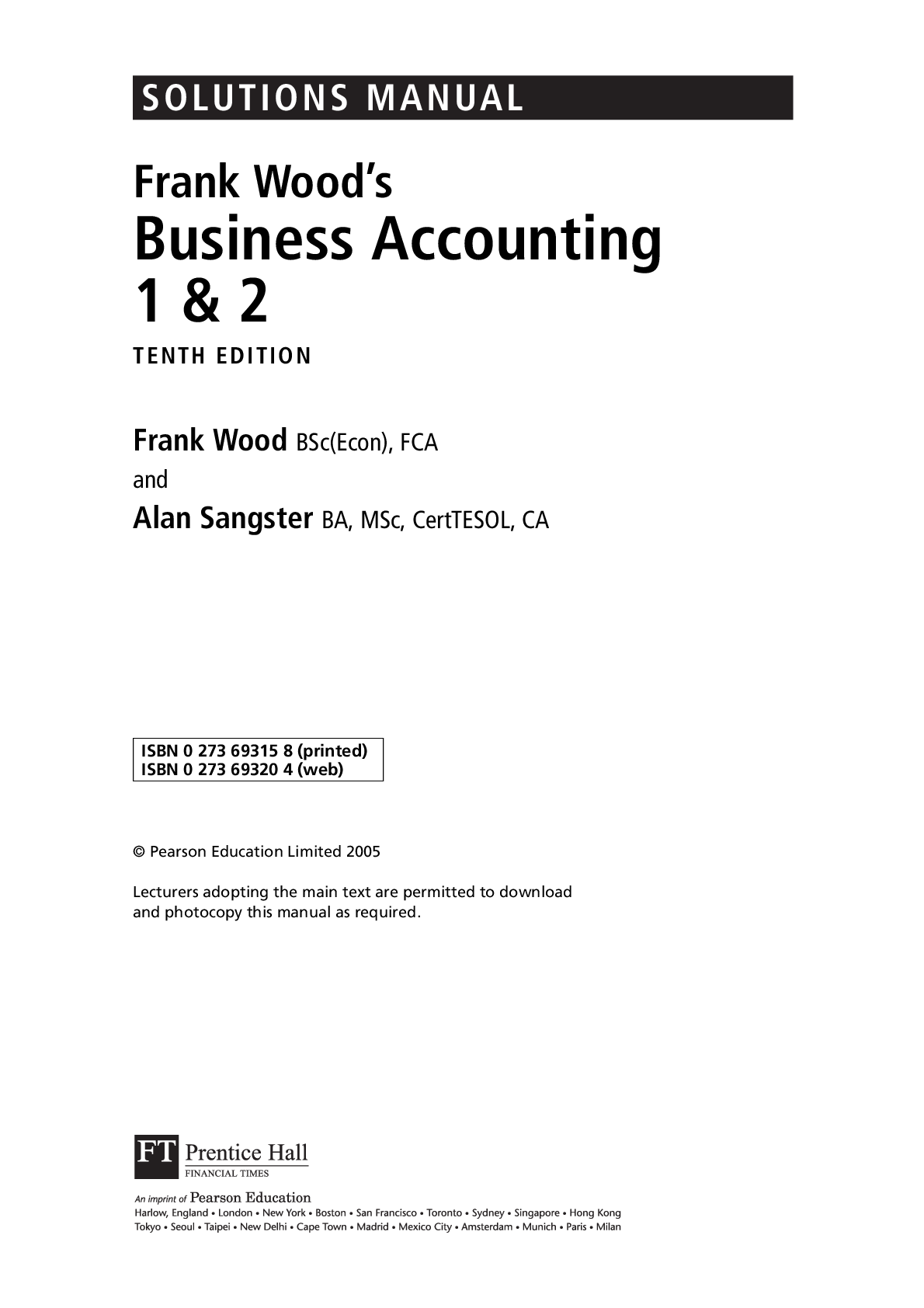 Preview image for SOLUTIONS MANUAL  Frank Wood’s  Business Accounting  1 & 2  TENTH EDITION  Frank Wood