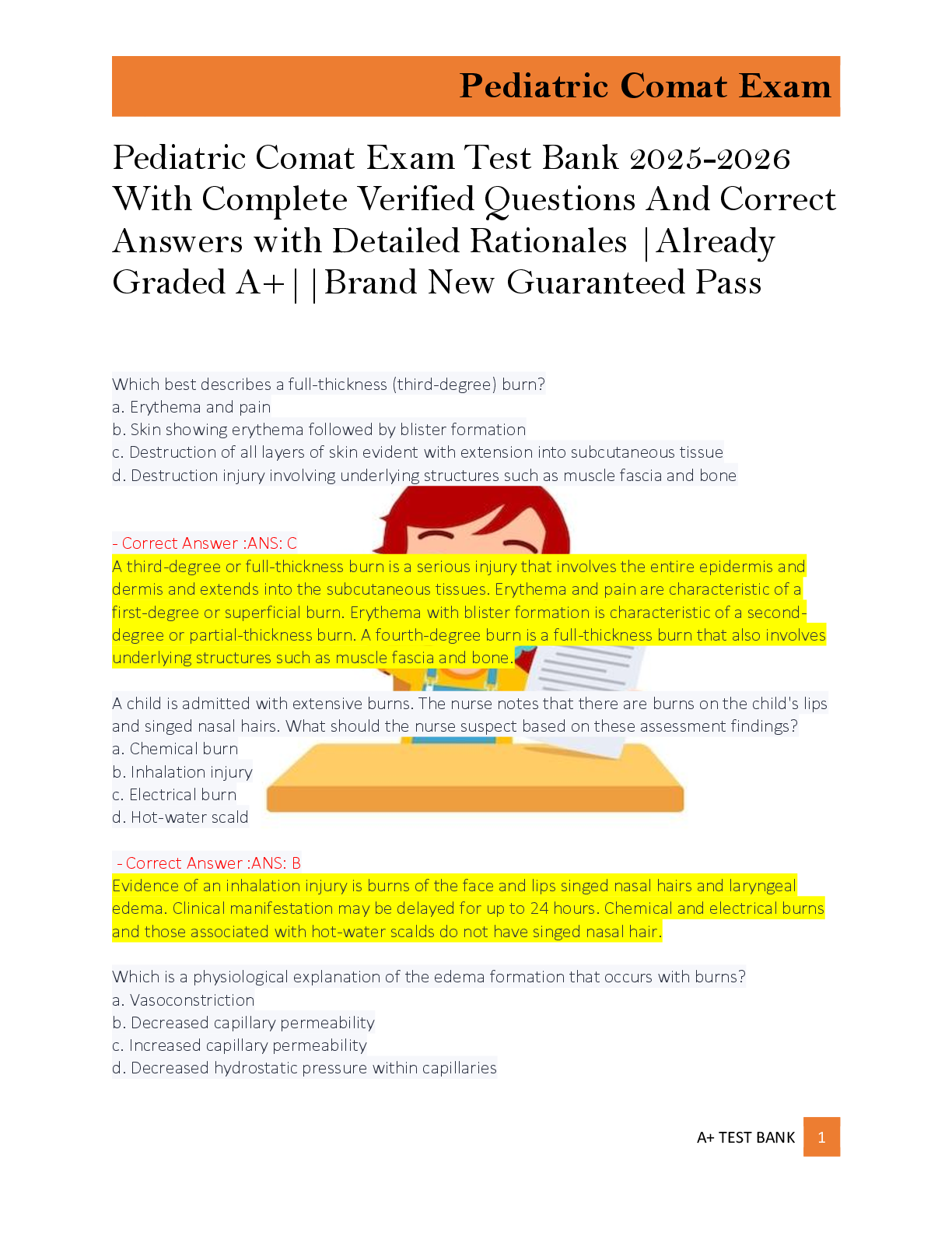 Preview of Pediatric Comat Exam Test Bank 2025-2026  With Complete Verified Questions And Correct  Answers with Detailed Rationales |Already  Graded A+||Brand New Guaranteed Pass