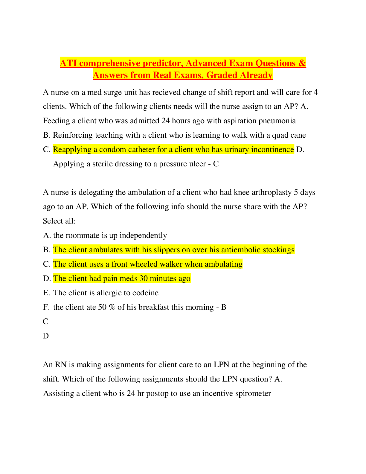 Preview image for ATI comprehensive predictor, Advanced Exam Questions & Answers from Real Exams, Graded Already
