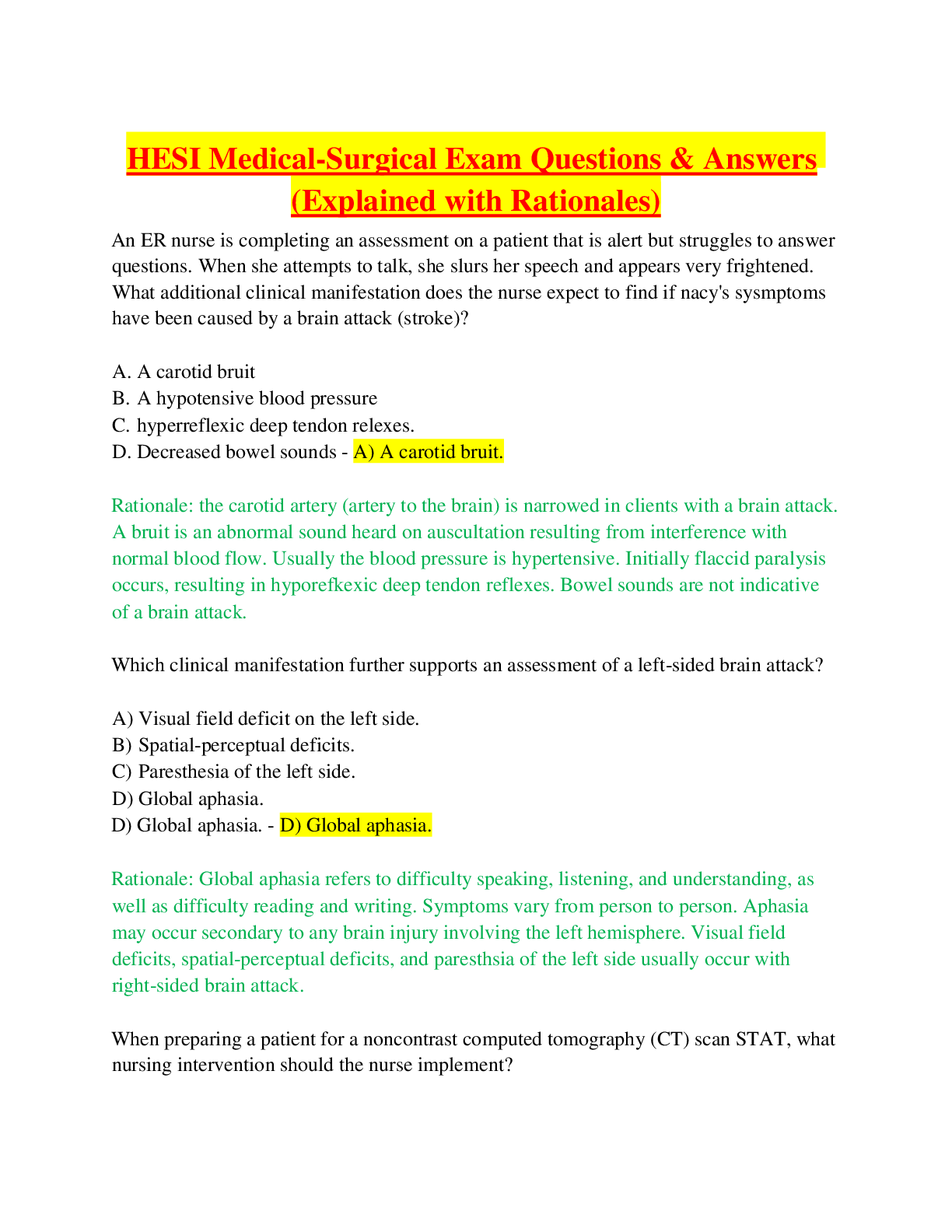 Preview image for HESI Medical-Surgical Exam Questions & Answers (Explained with Rationales)