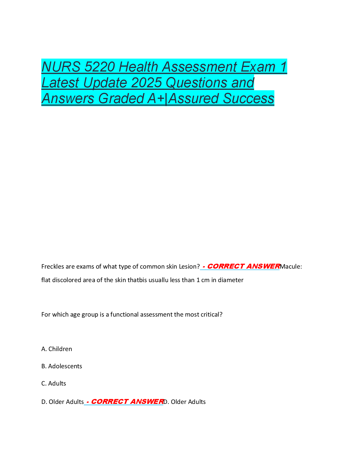 Recommended document preview for NURS 5220 Health Assessment Exam 1  Latest Update 2025 Questions and  Answers Graded A+|Assured Success