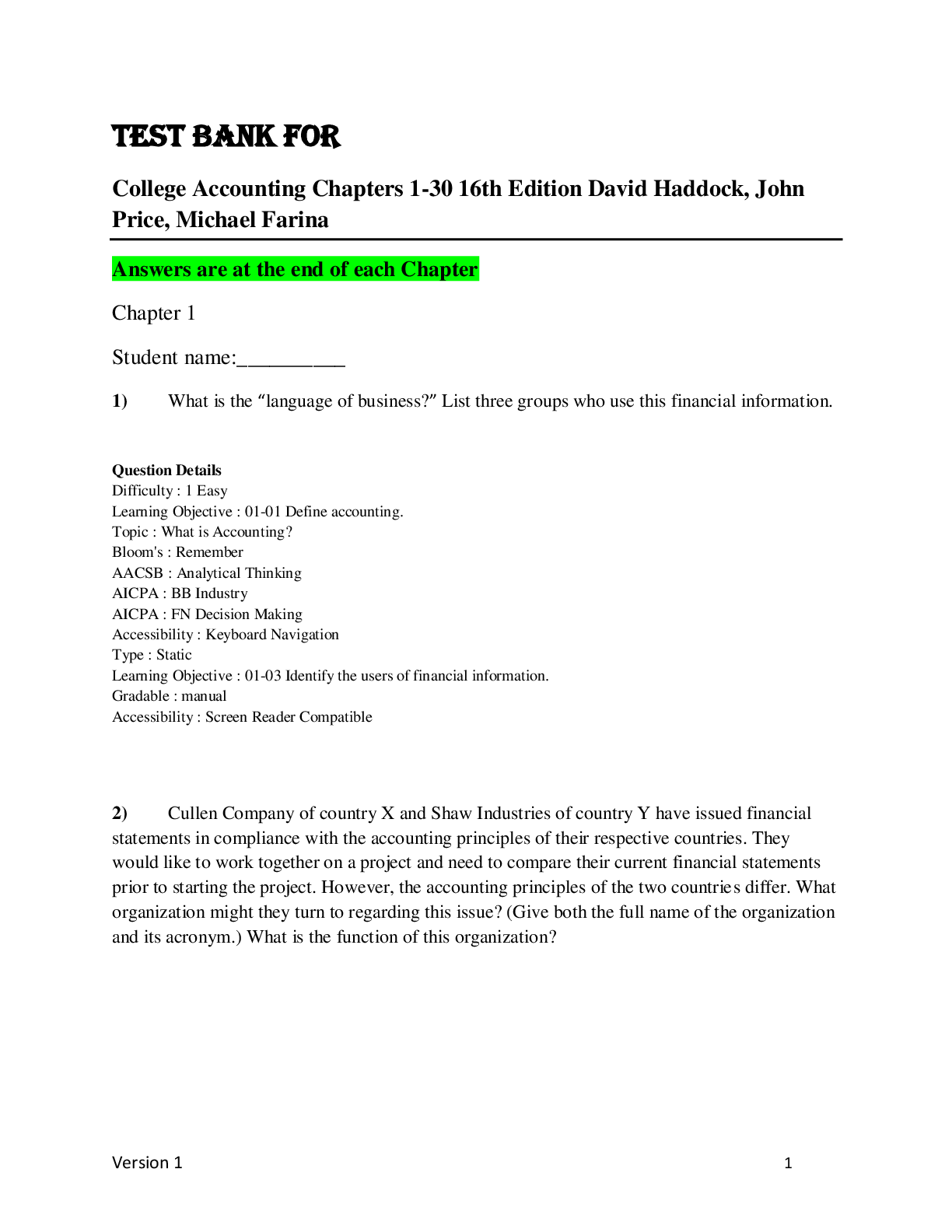 Preview image for TEST BANK For   College Accounting Chapters 1-30 16th Edition David Haddock, John  Price, Michael Farina