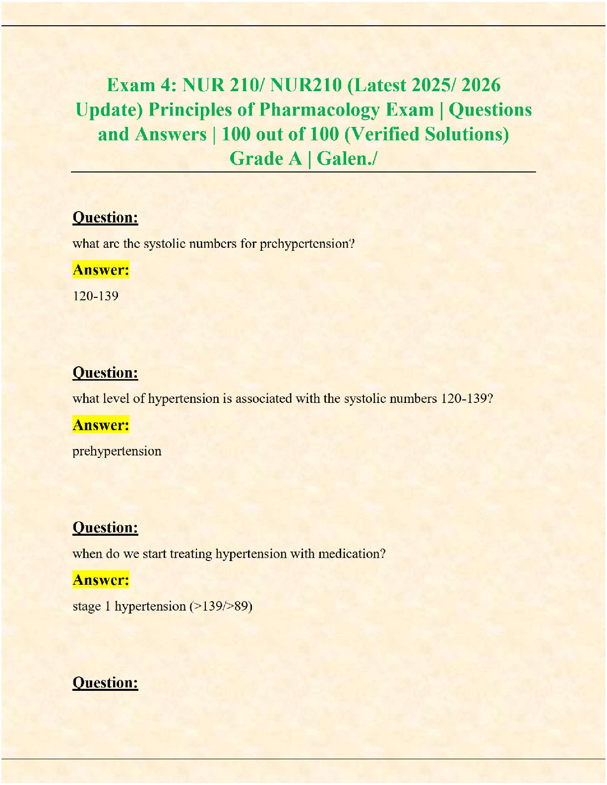 Exam 4: NUR 210 Principles of Pharmacology (Latest 2025/2026 Update) | Verified Questions & Answers | Grade A | Galen