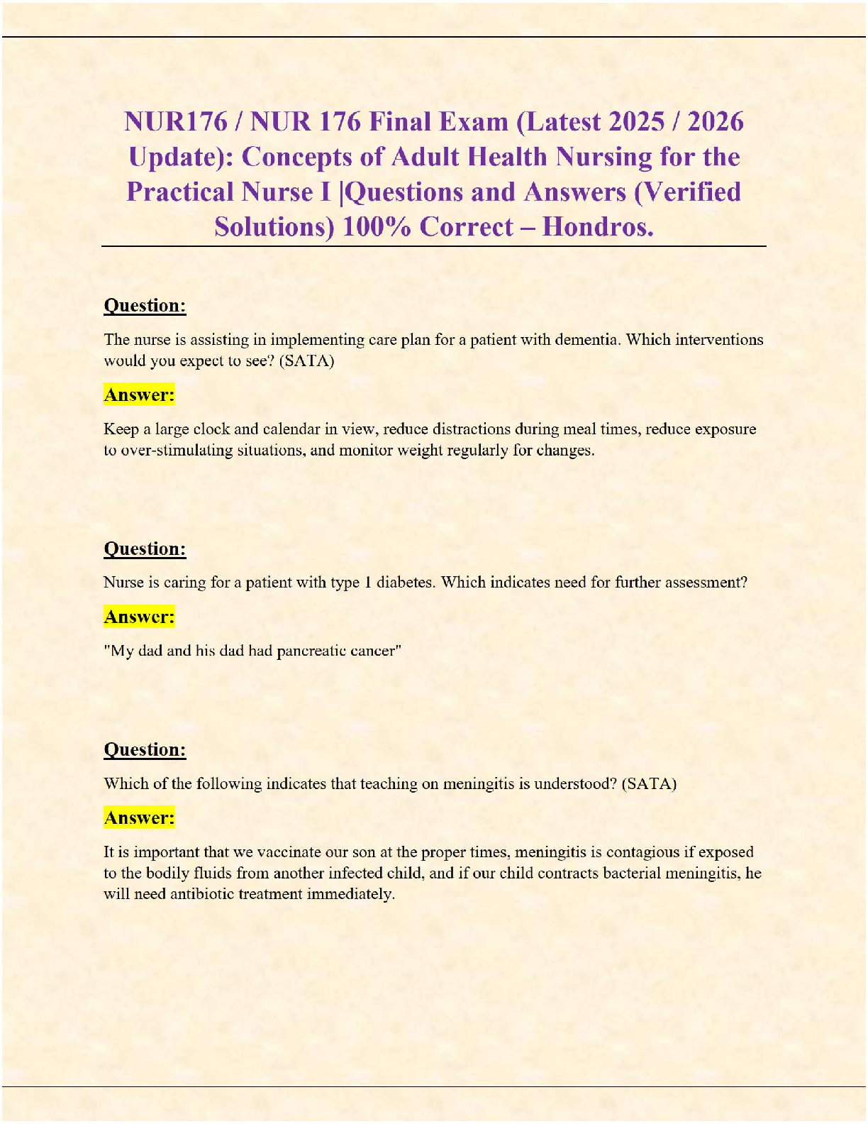 NUR176 Final Exam | Adult Health Nursing Concepts | Verified Questions & 100% Correct Solutions (Hondros 2025/2026)