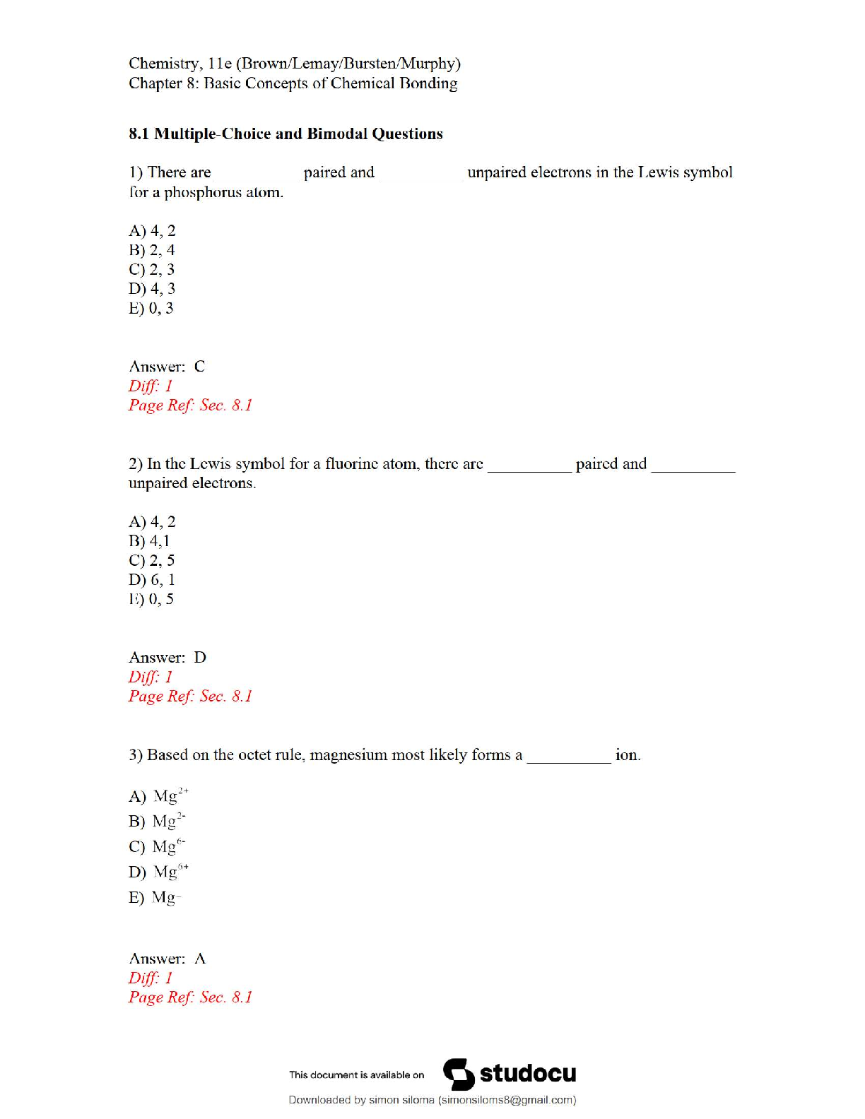 Preview of CHEM 1401 Ch08 Test Bank / Chemistry Chapter 8 / 2025 Update