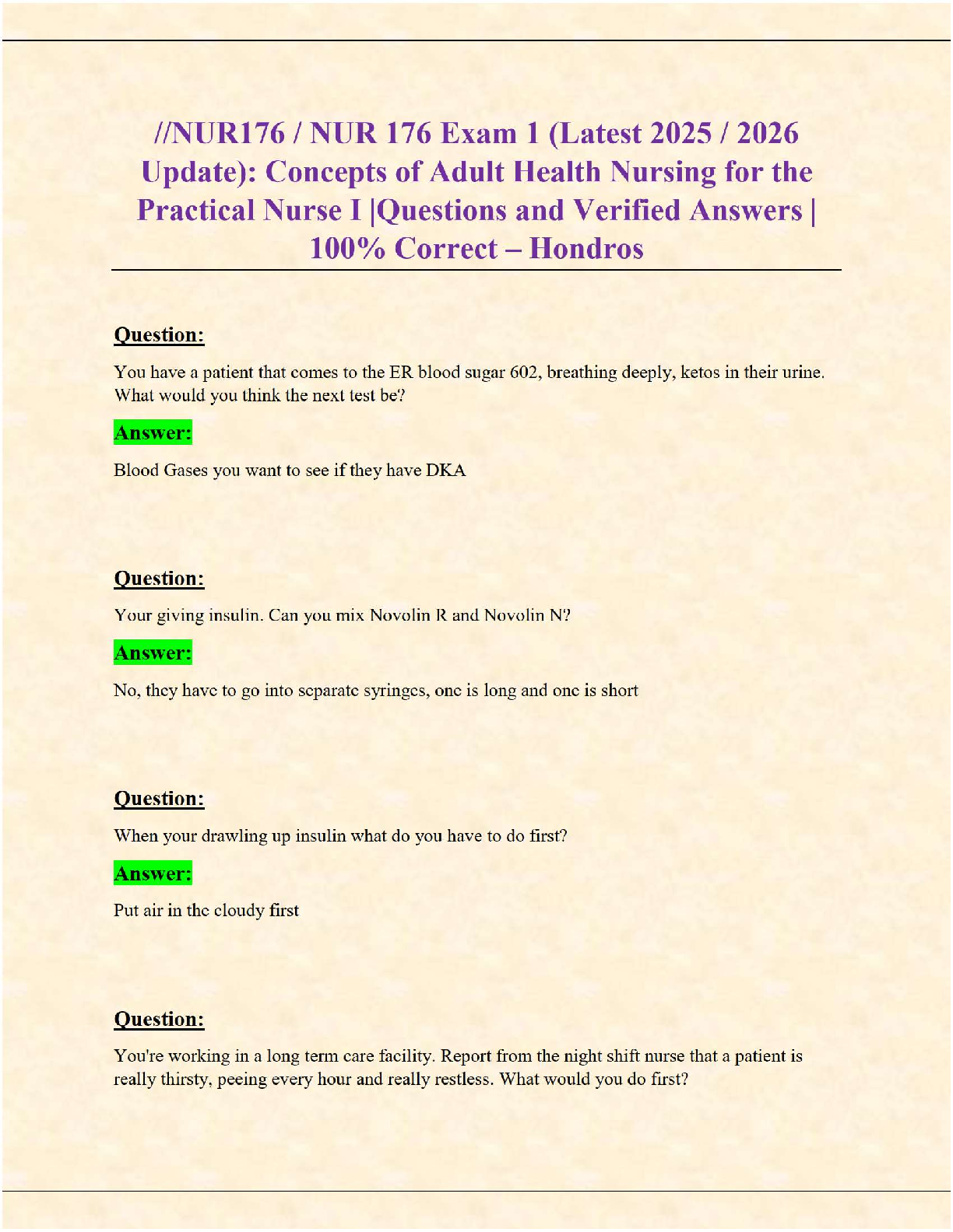 NUR176 Exam 1 | Adult Health Nursing Concepts | Verified Questions & 100% Correct Answers (Hondros 2025/2026)