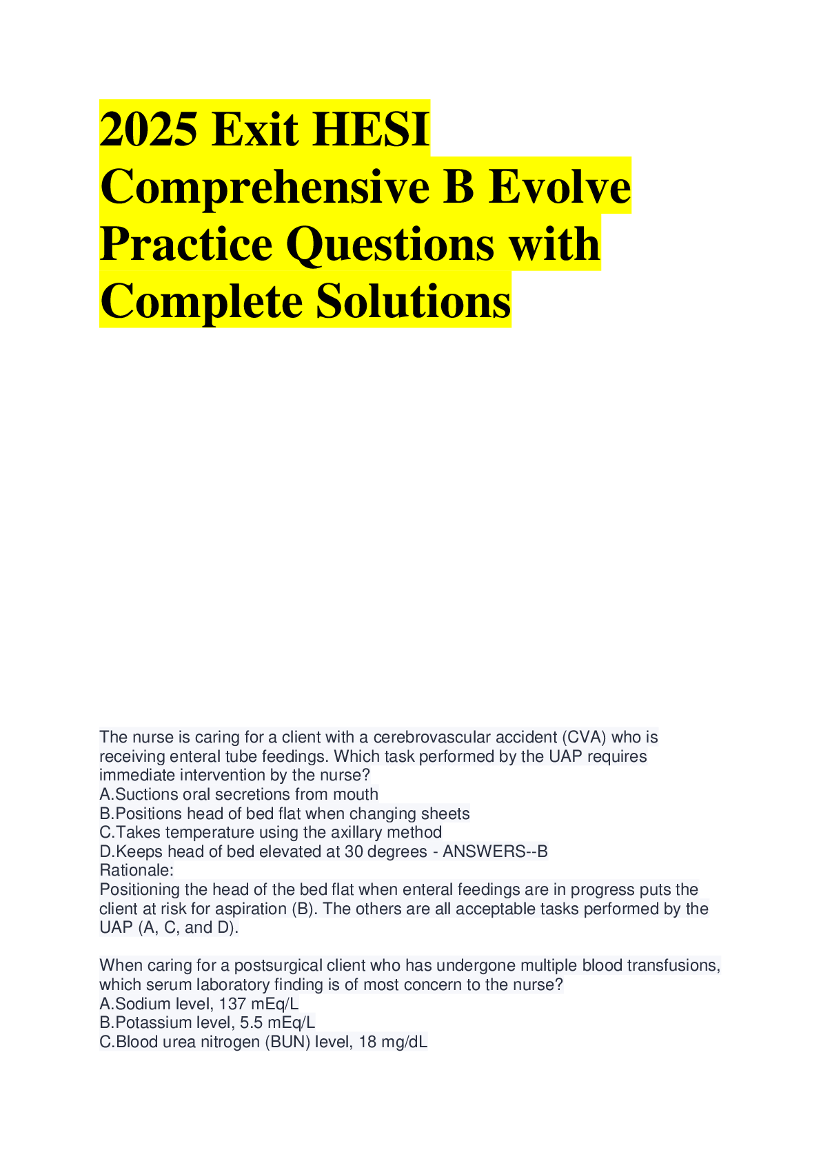 Preview image for 2025 Exit HESI  Comprehensive B Evolve  Practice Questions with  Complete Solutions