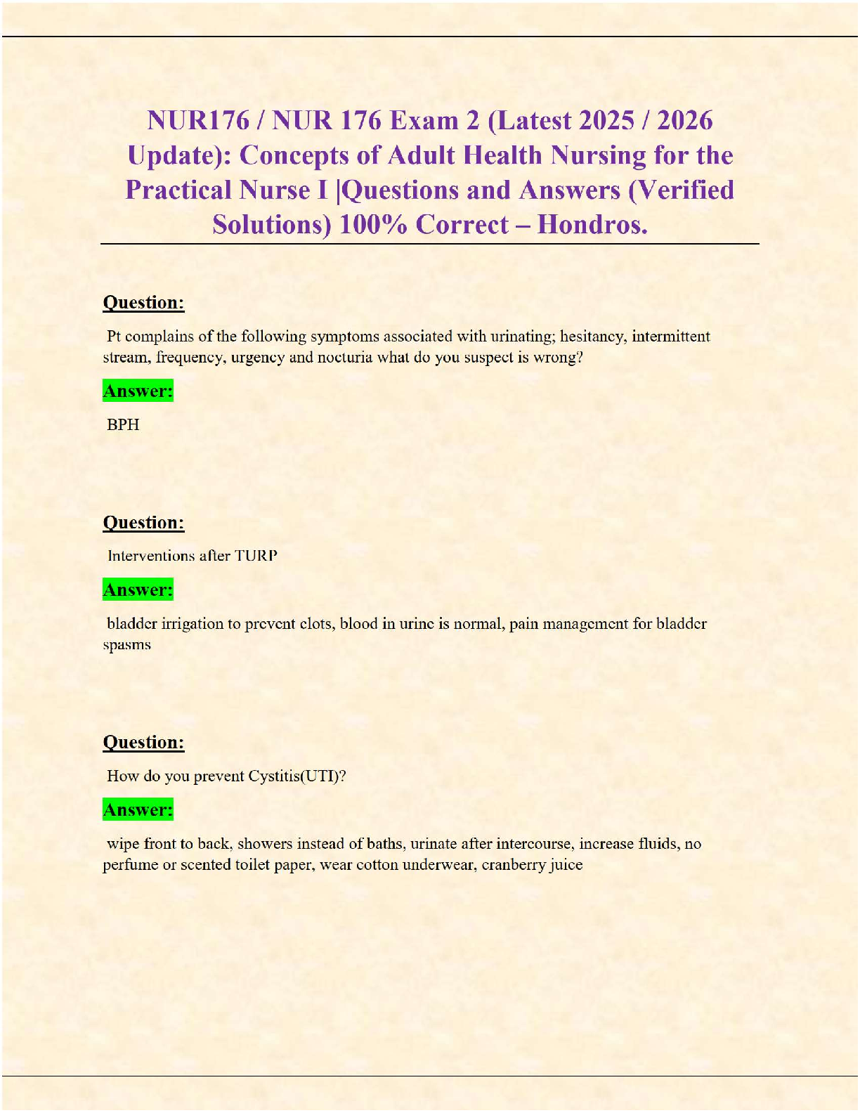 NUR176 Exam 2 | Adult Health Nursing Concepts | Verified Questions & 100% Correct Answers (Hondros 2025/2026)