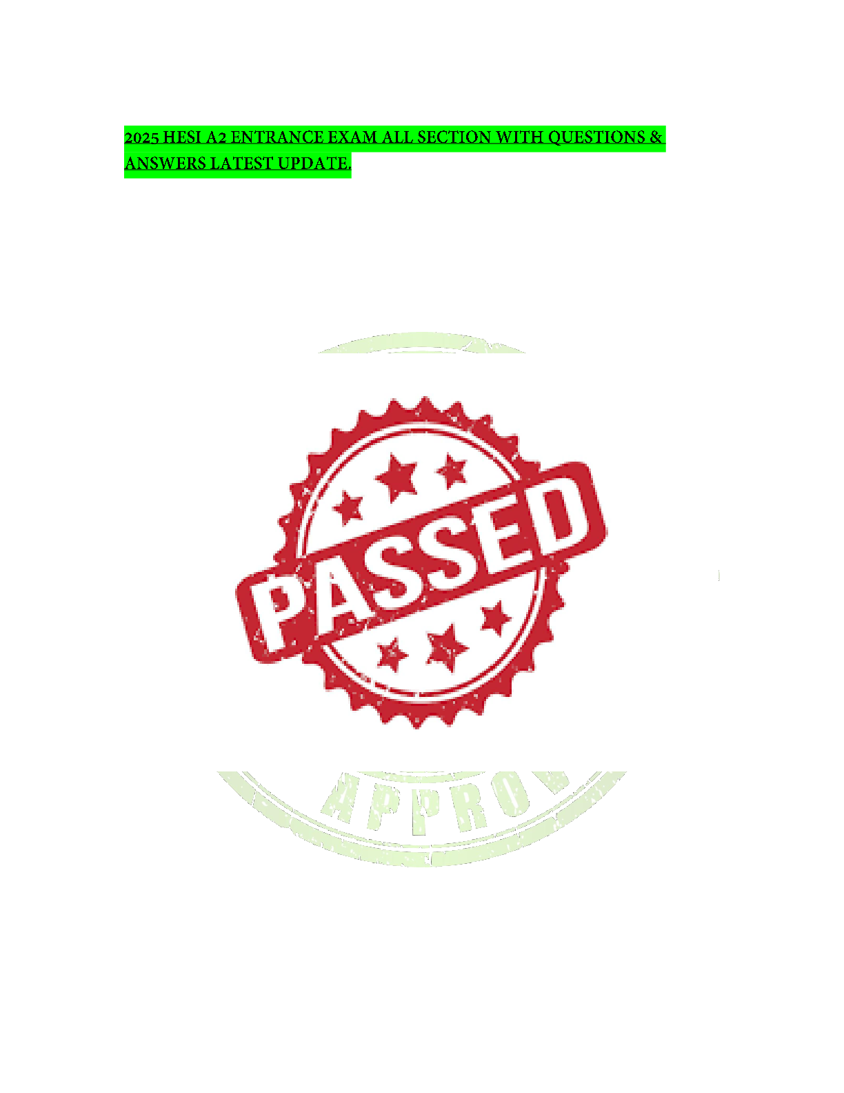 Preview image for 2024 HESI A2 ENTRANCE EXAM ALL SECTION WITH QUESTIONS & ANSWERS LATEST UPDATE.