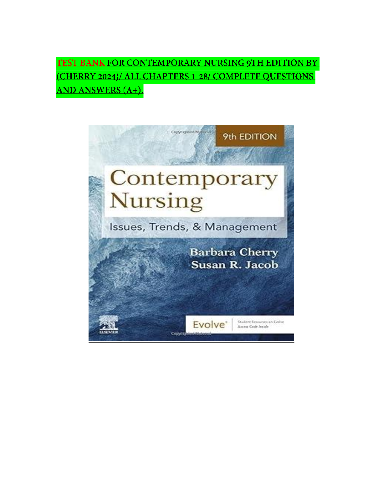 Preview image for TEST BANK FOR CONTEMPORARY NURSING 9TH EDITION BY (CHERRY 2023)/ ALL CHAPTERS 1-28/ COMPLETE QUESTIONS AND ANSWERS (A+).