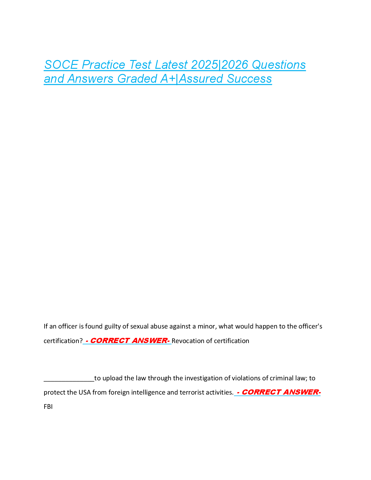 Preview of SOCE Practice Test Latest 2025|2026 Questions  and Answers Graded A+|Assured Success