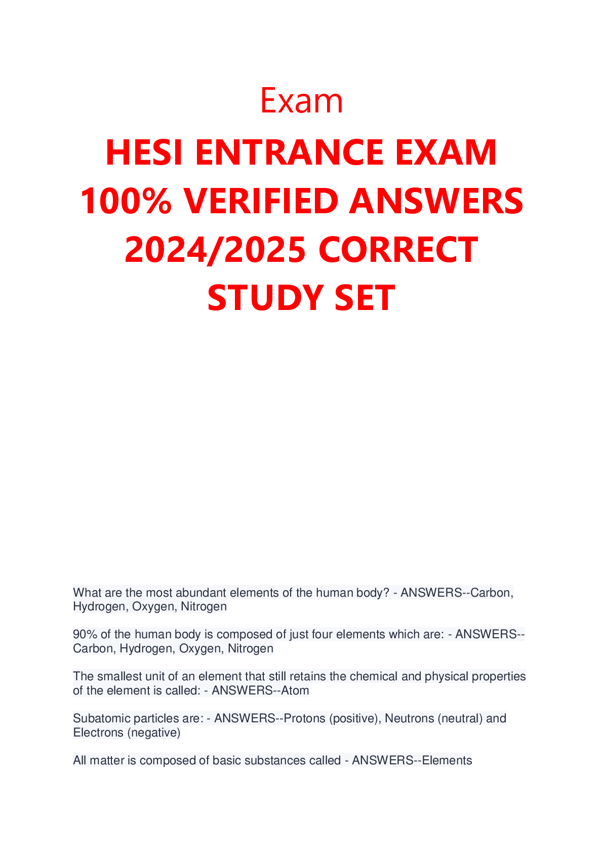Preview image for Exam HESI ENTRANCE EXAM  100% VERIFIED ANSWERS  2024/2025 CORRECT  STUDY SET