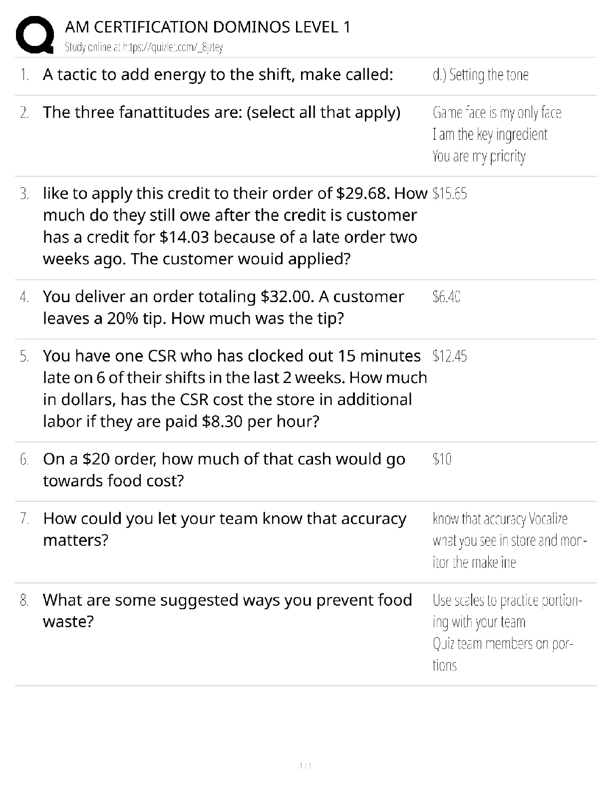 AM Certification Domino's Level 1 / Assistant Manager Exam / 2025 Update / Score 100%